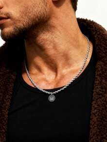 1pc Fashionable Stainless Steel 26 Letters A-Z Initial Pendant Necklace, Men's Classical Braided Chain Necklace, Hip Hop Style