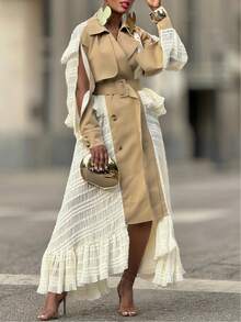 Women's Elegant Lace-Trimmed Patchwork Trench Coat With Belt - A-Line Regular Fit, Outerwear For Casual & Smart-Casual Wear, Belted Waist For A Tailored Look - 杏色 - 查看 6