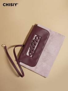 CHISIY Original New Brown Large Capacity Woven Contrast Color Patchwork Clutch Bag, Casual Retro Shoulder Bag, Suede & PU Leather, Versatile For Commuting, School, Shopping And More Occasions - Baby Pink - View 4
