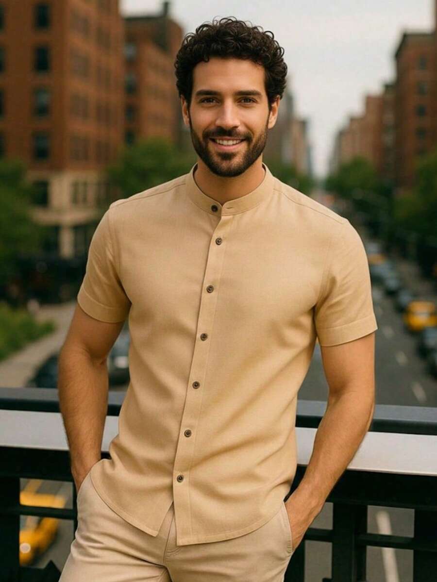 Men's Shirt Priest Collar Short Sleeve Premium Quality Social Casual - 米色 - 查看 1