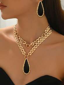 3件套欧美风金属项链+耳环首饰套装，时尚撞色爱心水滴吊坠项链，夸张大爱心耳环，高端派对及节日礼物 - Golden - 查看 1
