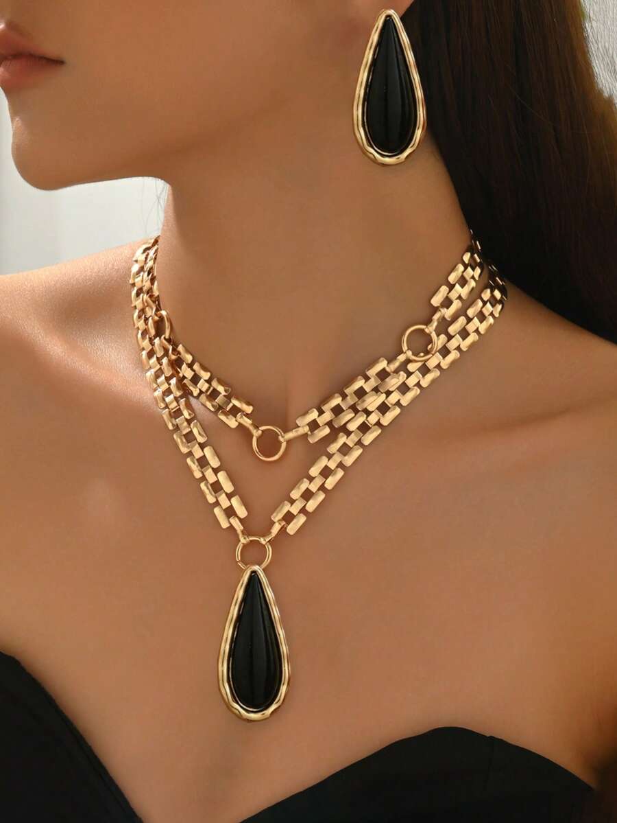 3件套欧美风金属项链+耳环首饰套装，时尚撞色爱心水滴吊坠项链，夸张大爱心耳环，高端派对及节日礼物 - Golden - 查看 1