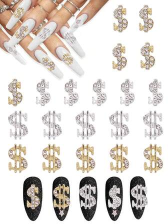 20pcs Coin Nail Art Decorations, Wsimily 3D Silver Gold Alloy Dollar Crystal Rhinestone Shiny Money Sign Nail Art Jewelry DIY For Women And Girls
