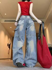 字母印花破洞直筒牛仔裤，新美式街头宽松版型 - 藍色 - 查看 6