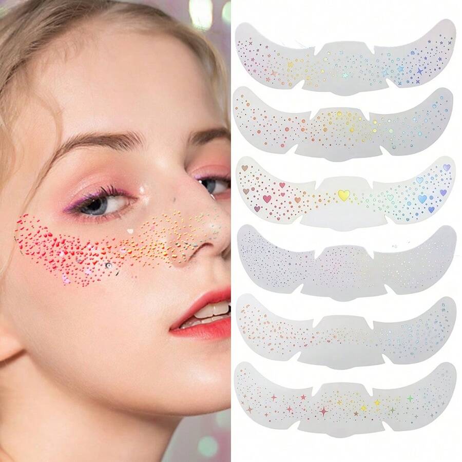 6 pièces Autocollants de taches de rousseur argentés assortis, convient pour les fêtes, les cadeaux de Noël, autocollants de paillettes pour le visage