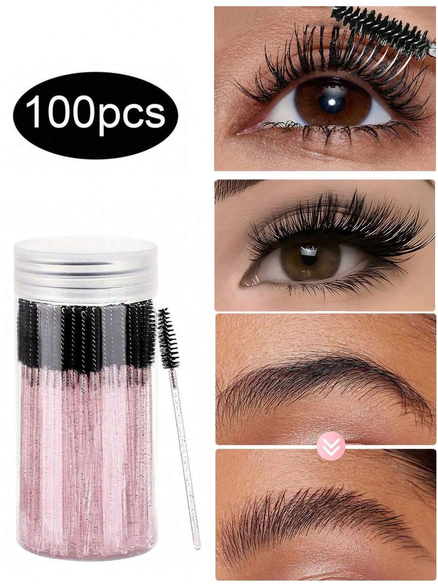 100PCS Crystal Pink Eyelash Brushes, Mascara Wands With Container, Bendable Disposable Eyebrow Spoolies, Lash Brush For Lash Extensions, Eyebrow Spoolie, Castor Oil Brushes - View 1