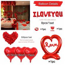 Valentine's Day Balloon Set, I LOVE YOU Red, Anniversary Decoration Balloon Set, Happy Anniversary Banner, Red Latex Balloons, Red Foil Standing Heart Balloons, Suitable For Valentine's Day Decoration, Anniversary Wedding Proposal Party Birthday Gathering New Year Indoor Decoration - 彩色 - 查看 9