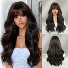 7JHH WIGS High Quality 24-Inch Long Body Wave Dark Brown Wigs For Women Fashion Synthetic Wavy Curly Wig With Bangs, Heat-Resistant Fiber Full Machine Fake Hair, Beginners Glueless Costume Wigs For Daily Party Wear, Music Festivals Cosplay Use - Dark Brown - View 12