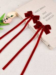 2pcs Women's Hair Accessories Velvet Long Ribbon Bow Barrette Cute Girl Versatile Side Clip Double Ponytail Hair Clips Elegant Bow Hair Decor For Daily Use, Claw Clips, Hair Slide, Hair Barrettes - Burgundy - View 8