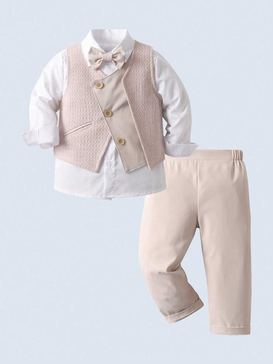 BOARNSEORL 三件套男童绅士套装 - 白色衬衫配领结、马甲和裤子，时尚百搭，适合生日派对、周年纪念、婚礼等场合。 - 杏色 - 查看 1