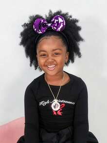 1pc Of African Small Curls Hair With Shiny Bow And Ponytail Wig For Children - Black - View 4