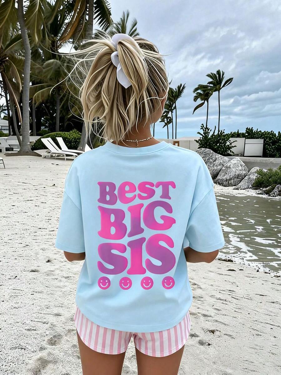 1pc Girls Casual Printed Short Sleeve Crew Neck T-Shirt, Lightweight Summer Tops For Young Students - Blue - View 1