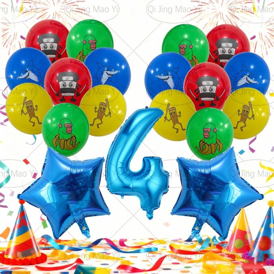 19pcs Italian Mold Biological Ai Shanhaijing Latex Blue Star & Number Set, Including Tung Tung Tung Sahar, Tralalelo Tralala, Cappuccino Assasino, Shimpanzinni Bananini, 18-Inch Blue Star, 32-Inch Blue Number, Suitable For Bath Decoration, Birthday Party Decoration, Cartoon Character Decoration, Indoor Decoration, Photography Props, Surprise Gift For Son/Daughter - Blue - View 1