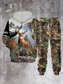 Spring And Autumn Men'S Casual Hooded Sweatshirt And Pants Two-Piece Set High-End Forest Animal Print, Plus Size - style - 查看 3