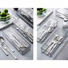 AWYYTransparent Flatware Tray Kitchen Drawer Organizer With Lid - Plastic Kitchen Cutlery Tray And Utensil Silverware Storage Container With Cover - Dinnerware Holder For Spoons Forks Knives - 透明的 - 查看 5