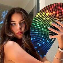 1PC Colorful Rainbow Handheld Fan - The Folding Design Can Produce A Loud Sound. Summer Carnival Fan Handheld Fan, Large Festival Handheld Fan, Suitable For Summer Cooling, EDM Music Parties, Christmas Parties, New Year Parties, Dance Performances And Gifts For Male And Female Dancers - 圓點 - 查看 7