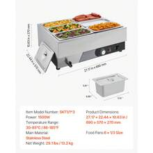 Commercial Food Warmer, 1500W Electric Stainless Steel Steam Food Warming With Lid, Fast Heating Countertop Buffet Bain Marie With Six 1/3 Size Food Pans, For Catering, Restaurant And Party - 6* 1/3-inch basins, 15cm high - 查看 7