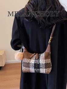 Fashionable Casual Chic Versatile High-Quality Plush Crescent Moon Shoulder/Crossbody/Underarm Handbag - Coffee - View 6