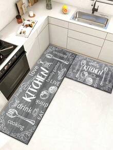 3.5毫米厚软橡胶厨房垫，灰色木纹底，可爱卡通食物图案，吸水性强，尺寸可定制，适用于厨房、浴室、洗衣房、走廊、客厅等场所。 - 彩色 - 查看 12