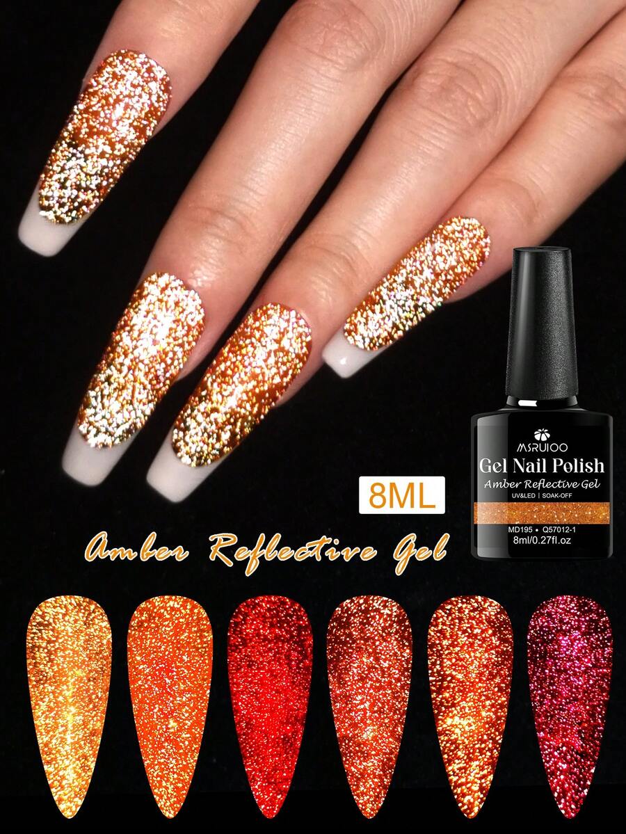 MSRUIOO 8ml 闪亮琥珀色反光亮片美甲凝胶 - UV LED 可卸除，持久亮泽，打造高光泽美甲效果 - 易于涂抹 - 彩色 - 查看 1