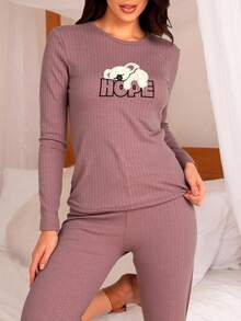 ROSA HERZ-MUSTER BAUMWOLL STOFF DAMEN PYJAMA SET - Bronze - Übersicht 2