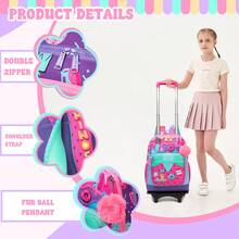 女童拉杆背包，适合8-12岁女孩，可爱带轮书包，带午餐盒，返校用品