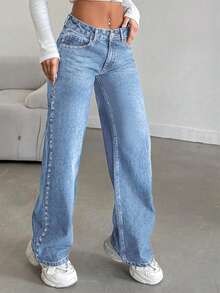 Women's Straight Leg Jeans With Studded Details Mid Rise Non-Stretch Denim Pants - 淺色水洗藍 - 查看 2