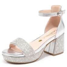 High Heels For Kids Sandals Big Girls Dress Shoes Flower Girl Shoes For Wedding Party Pageant Round Open Toe Ankle Strap Dress Sandals Platform Heels Chunky Pumps For Little Big Kids - Kim cương ép bạc - Xem 4