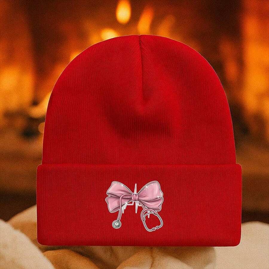 Grey Knit Beanie - Stylish Winter Hat For Women And Men| Cute And Warm Fall Hats| Pink Bow & Stethoscope Graphic Design| Fashionable Head Covering For Cold Weather| Knitted Hats For Women And Mens Beanies, Outdoor Accessory, Seasonal Fashion - C - Xem 1