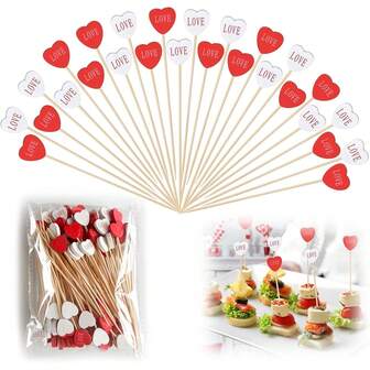 100 st röda och vita "LOVE"-spett för alla hjärtans dag - Bambu-fruktpinnar med hjärtformad dekor, lämpliga för kakor, desserter, sallader, smörgåsar och bakdekorationer - perfekta för hotell, restauranger, fester och mer, festdekor | Romantiskt tema | Dekorativa spett