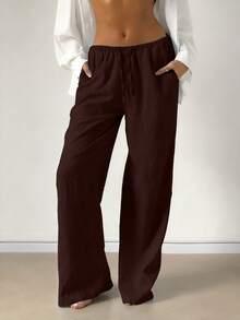 Women's Casual Comfortable Versatile Linen Loose Flowy Wide Leg Pants Spring - Brown - View 3