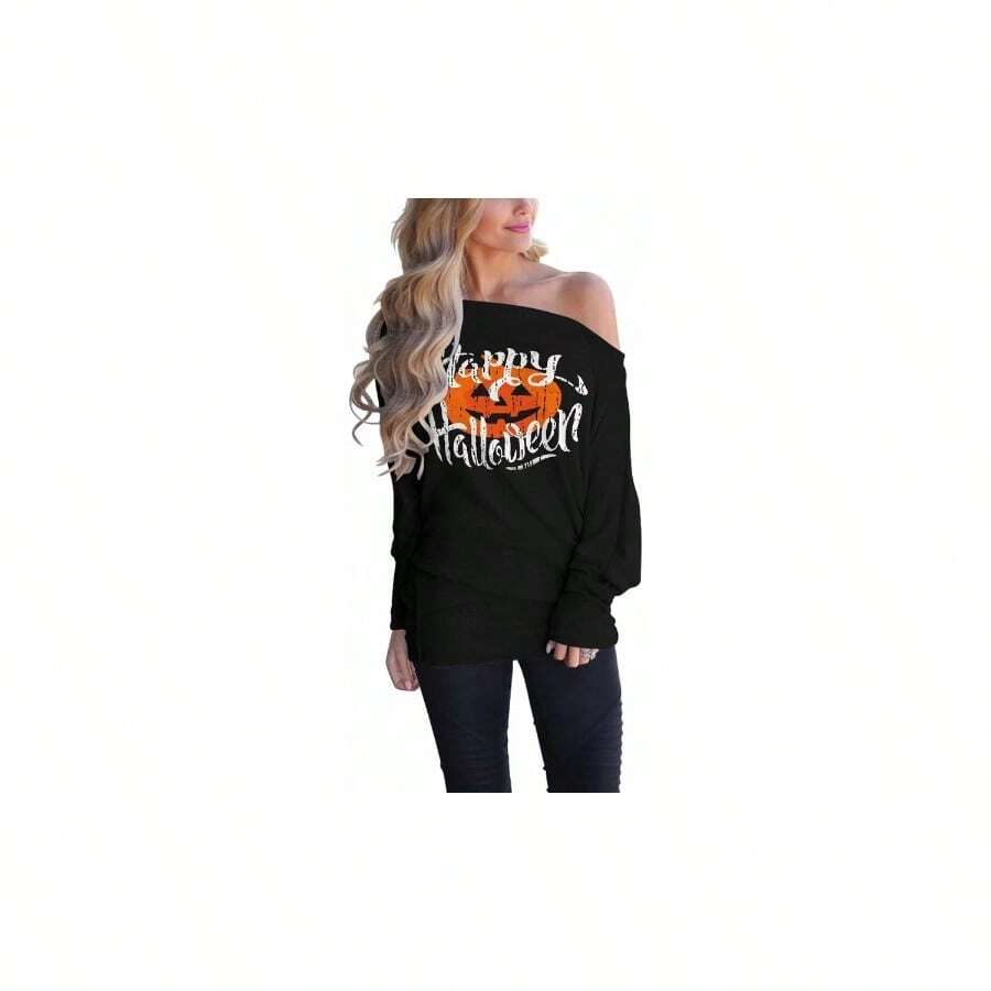 Women Plus Size Sports Sweatshirts - M + Black Pumpkin Head Print - View 1
