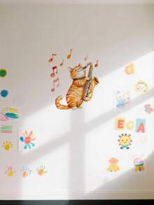 1 pieza Lindo adhesivo de pared de gato de dibujos animados naranja - Calcomanía autoadhesiva de PVC, adecuado para dormitorio, oficina o dormitorio - Diseño moderno y juguetón, decoración de dormitorio | Diseño de gato juguetón | Fácil de instalar, decoración de gato - Multicolor - Ver 11