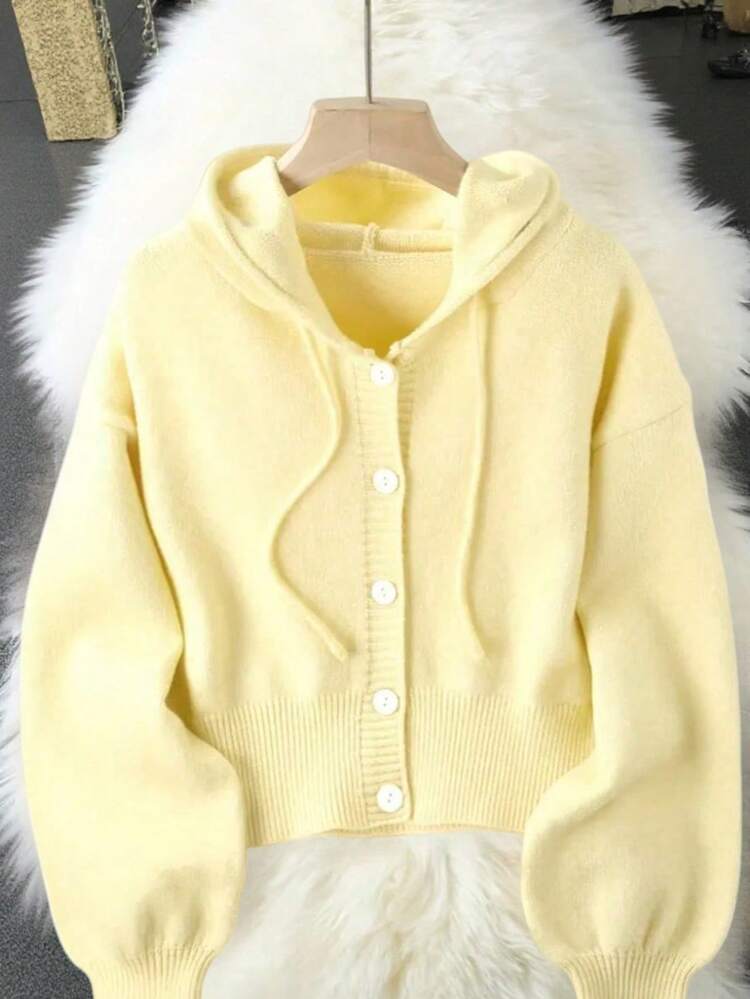 Women's Solid Color Single-Breasted Long Sleeve Hooded Knit Cardigan - Yellow - View 2