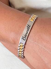 个性化不锈钢姓名手链，复古风格 - 男女皆宜，可定制姓名牌、日期刻字，不锈钢手镯，男士配饰，个性化手链，多种字体可选，简约时尚多功能配饰，情人节礼物，父亲节礼物，母亲节礼物，独特生日礼物，圣诞节礼物，周年纪念礼物，送给亲朋好友的独特礼物，夏季配饰 - 金銀色 - 查看 5