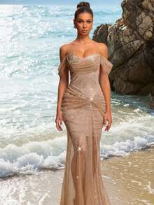 Astony One春夏新款单肩网纱设计成熟性感气质舞会礼服