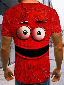 Men's 3D Digital Cartoon Funny Face Print Round Neck Short Sleeve T-Shirt, Casual Polyester Knit Tee, Novelty Streetwear Top For Summer - 彩色 - 查看 5