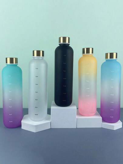 1pc 1L Water Bottle With Time Marker Motivational Reusable Fitness Sports Outdoors Travel Leakproof Free Frosted Plastic