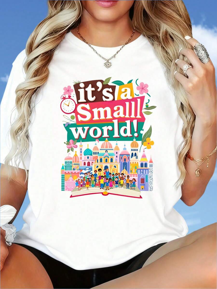 Its A Small World Disney Theme Park T-Shirt Women Cute Cartoon Print Summer Casual Top For Girls And WomenDisney Fun Print, Merry Christmas, New Year, Christmas Party Dress, Women's Round Neck T-Shirt, 220g - 黑色 - 查看 1