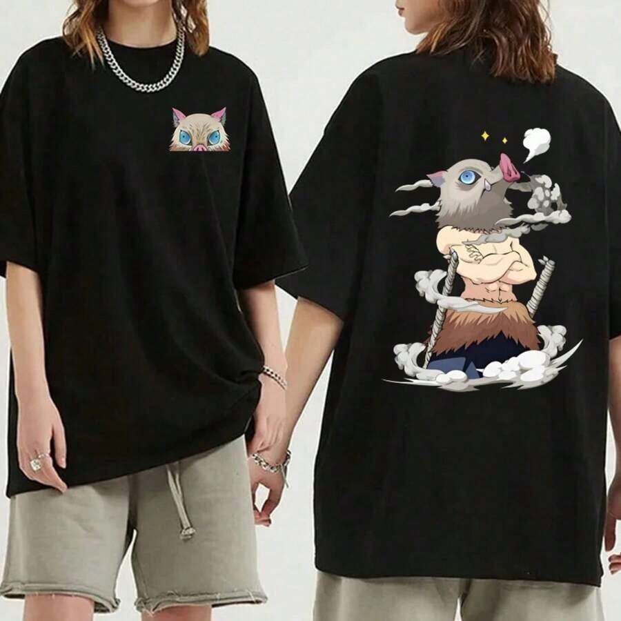 Hot Anime Hashibira Inosuke Cartoon Print T-Shirt Summer Fashion Casual Short Sleeve Crew Neck Tops Women's Men's T-Shirts - 黑色 - 查看 1