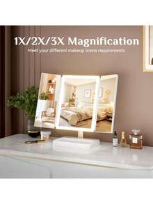 1个三折LED化妆镜，旋转桌面镜，带3倍/2倍/1倍放大倍率的照明梳妆镜，便携式高清化妆镜，触摸屏亮度调节，带支架和3种照明模式，可折叠三折设计，内置800mAh电池，USB充电，适合居家和旅行，是美容产品的理想收纳，也是情人节和节日礼物的理想之选。 - 彩色 - 查看 6