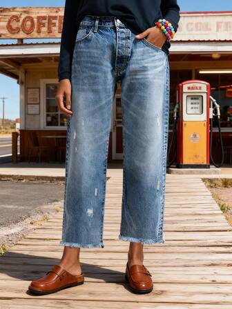 Jeans rectos con ajuste holgado y cómodo, con dobladillo deshilachado y elástico, estilo callejero para mujeres