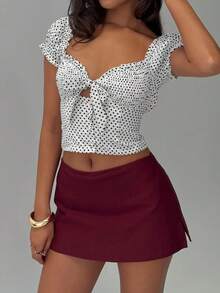 Blusa Casual Elegante Feminina com Bolinhas de Verão, Nó na Frente e Mangas Bufantes, Perfeita para Encontros no Dia dos Namorados, Férias e Uso Diário Chique, Branca - Branco - Visão 7