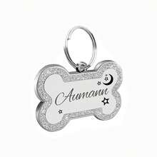 Placas de identificación grabadas para mascotas, placa de identificación personalizada con cualquier nombre y texto, etiqueta de nombre de perro con brillo personalizada, etiqueta de identificación de hueso para cachorros y mascotas, ornamental, grabada, de acero inoxidable, elegante, de moda, colorida, vintage, linda, sencilla, adorable, personalizada, única, personalizada para mascotas para aniversarios, cumpleaños, collares, correas y arneses personalizados para mascotas, fácil comodidad - luna - Ver 10