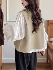 Alicedudu 女款秋冬不对称设计纽扣环简约毛衣背心