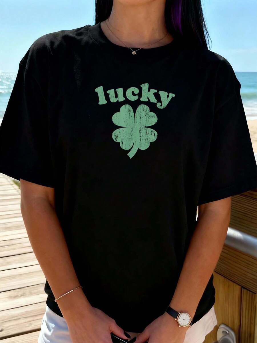 LUCKY Shamrock 4-Blatt-Klee Retro Vintage St. Patrick's Day T-Shirt Damen T-Shirt Grafik-T-Shirts Crop Tops Outfits Tops T-Shirt