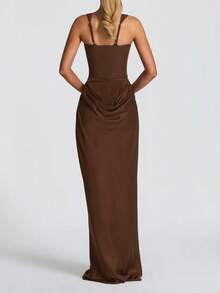 Elegant Women's Brown Sleeveless Knit Maxi Dress, Draped Details, Pencil Dress, Open Back Design Party - Brown - View 4