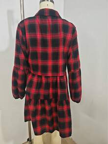 女士格子纽扣领新年衬衫连衣裙配腰带，鸡尾酒会礼服 - 彩色 - 查看 2