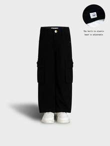 Young Boy's Black Wide Leg Cargo Jeans, Multi-Pocket Design, Adjustable Waist, Casual Denim Workwear Pants, Back To School - Black - View 15