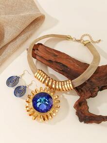 Handmade Exaggerated Multi-Layer Aluminum Wire Woven Bohemian European And American Middle Eastern European Korean Version Evening Party Holiday Women's Chain Necklace Earrings With Artificial Crystal - Blue - View 6